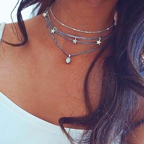 Trendy Multilayer Star Charms Gem Stone Pendant Necklace for Women Lady Vintage Jewelry Geometric Clavicle Necklace Kolye GN37