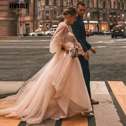 Fivsole Champagne Wedding Dress Long Puff Sleeves Tulle A Line Vintage Bride Gowns Country Rustic 2021 Bridal Dress Plus Size