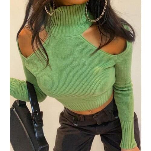 Cut Out Sexy T Shirts Women Ribbed Knitted Crop Tops Y2k Aesthetic 90s Tops Backless Lace Up Turtleneck Long Sleeve Autumn Tees