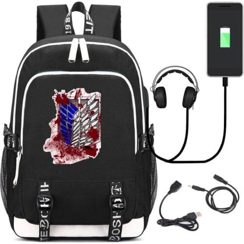 Attack On Titan USB Charged Backpack Flgel der Freiheit Print School Bag Satchel Travel Camping Computer Mountaineering Rucksack
