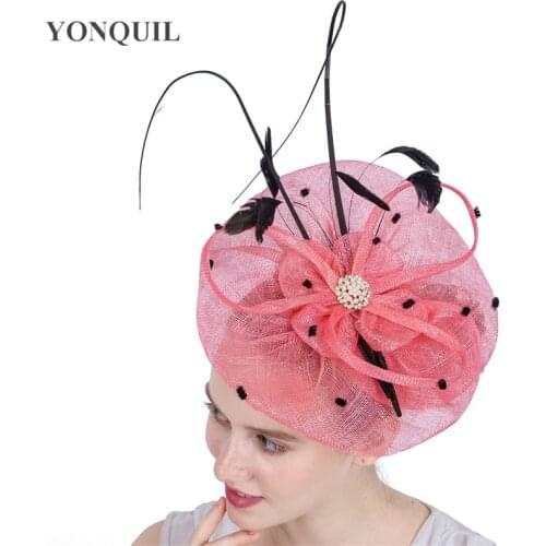 Top Quality Sinamay Royal Ascot Derby Big Pink Fascinator Hat Women Party Wedding Hair Accassories With Ostrich Quill Hat SYF138
