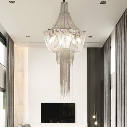 Modern Stair Chandeliers For Living Room Staircase Long Silver Chain Lamps Led Loft Lighting Fixture New Luxury Stainless Lights