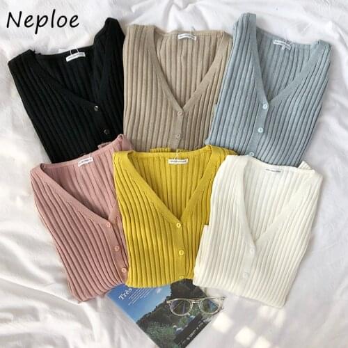Neploe Knitted Sweaters Women Spring 2021 Solid Fashion V Neck Single Breasted Cardigans Casual Soft Slim Fit Female Tops 1D215