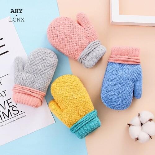 Mittens For Children Wool Knitted Gloves Plus Velvet Thickening Warm Cute For 2-4 Years Baby New Small Hanging Neck Gloves Soft