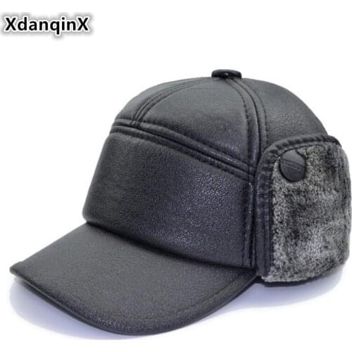 XdanqinX Winter New PU Mens Hat Thick Warm Baseball Caps Middle-aged Leather Cap Plus Velvet Earmuffs Hats Brands Dads Hat