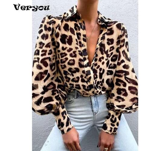 2021 Autumn Puff Sleeve Shirts Blouse Women Floral/Leopard Long Sleeve Lapel Buttons Vintage Shirts Elegant Blouses Tops Female