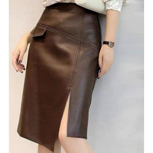 Womens Clothing Winter Harajuku Female Genuine Leather Simple Split Knee Length Skirt Femme Brown/Dark Green Pencil Slit Gonne