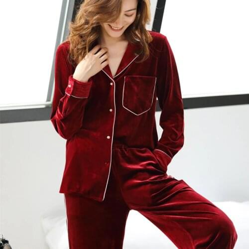 Women Velvet Pajamas Set Winter Sleeping Two Piece Flannel Pajamas for Pearl Button Pijama Can Wear Outside Velvet Sleepwear