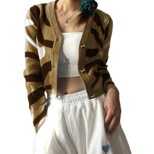 2021 Womens Button Down Cropped Cardigan Sexy Long Sleeve Abstract Print Knit Sweater for Home Wear Leisure Time