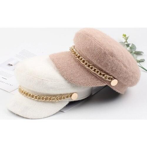 Winter hat female British retro chain buckle fashion all-match flat-top cap Women Korean street student outing navy hat