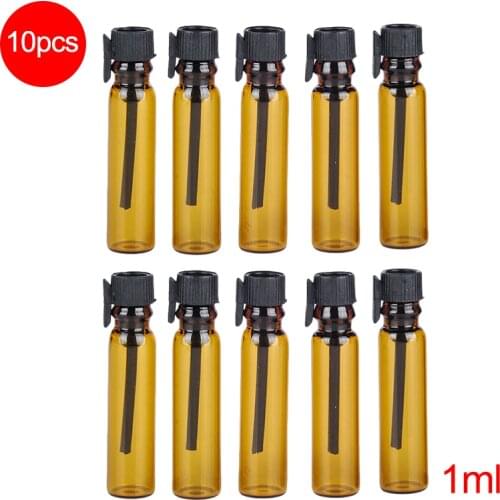 10Pcs 1ml Portable Refillable Empty Mini Brown Glass Perfume Bottle With Black Cap Trial Pack Tube Essential Oil Container