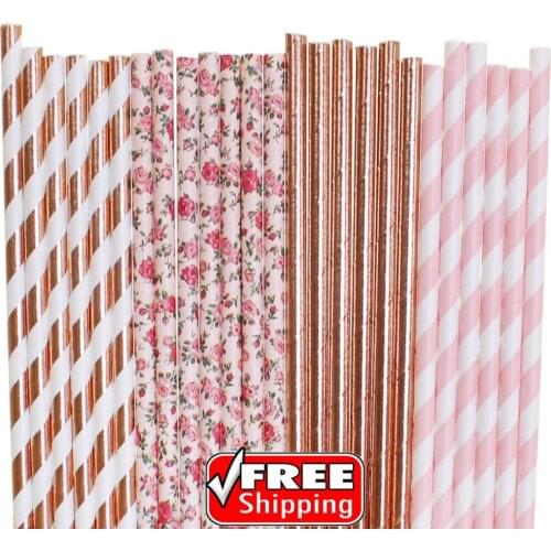 200pcs Mixed 4 Designs Rose Gold Foil and Blush Light Pink Themed Paper Straws-Striped,Plain,Solid Color,Flower,Floral-Party