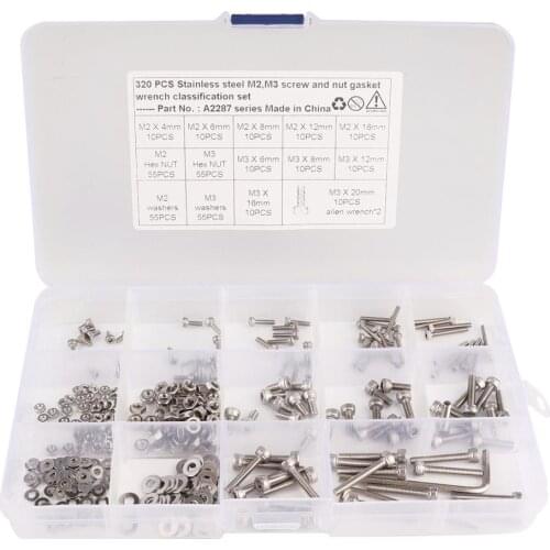 320pcs/Lot M2/M3 304 Stainless Steel Hexagon Socket Head Cap Socket Screws Hex Bolt Nuts and Washers Screws Set with Allen Key