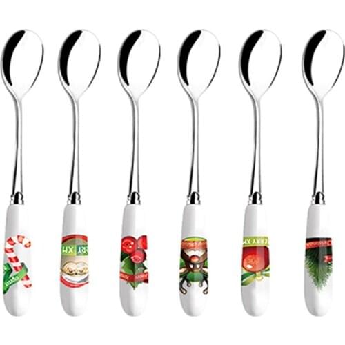 6PCS Dessert Set Ceramic Cutlery Set Spoon Fork Set Handle Stainless Steel Dessert Coffee Tea Cake Pastry Flatware Christmas