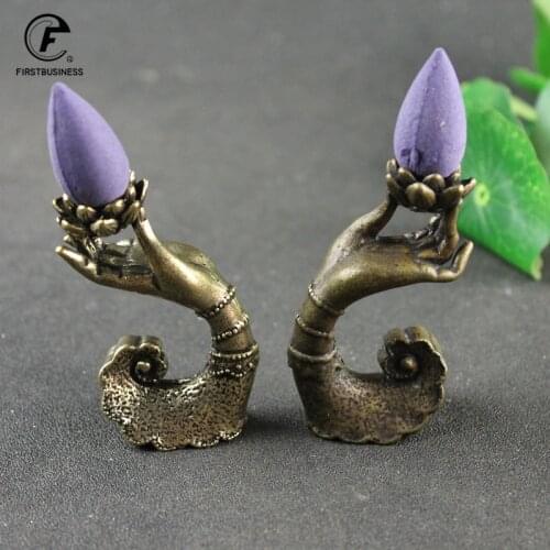 Antique Copper Buddha Hand Lotus Base Incense Holder Censer Brass Incense Burner Crafts Desktop Ornaments Home Decorations Gifts