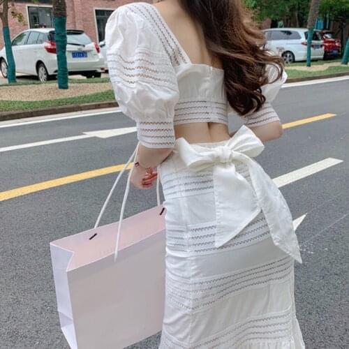 Women Hollow Out Square Neckline Sexy Backless Crop Top Bodice+Bow Lace Up High Waist Stripe Empire Ruffles Hem Long Skirt Set
