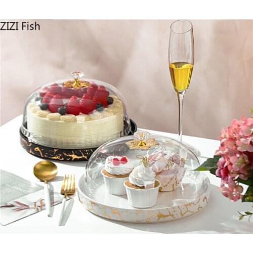 European Marbled Ceramic Plate Art Exquisite Home Dessert Display Plate Dim Sum Cake with Lid Plastic Cover Round Home Decor