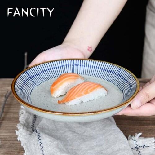 FANCITY Japanese ceramic tableware blue line deep dish soup plate round rice plate salad plate consumer and commercial dish