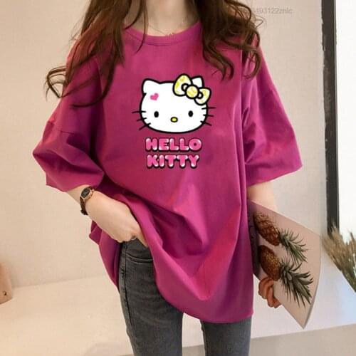 Womens Cute Hello Kittyed Cat Cartoon Print O-neck Streetwear Short Sleeve Vintage Oversized T-shirt Casual Fashion Women Loose