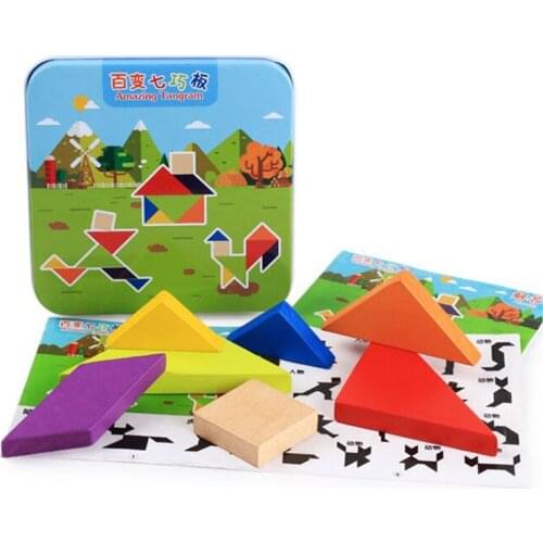 Wooden Tangram 7 Piece Jigsaw Puzzle Colorful Square IQ Game Brain Teaser Intelligent Educational Toys for Kids