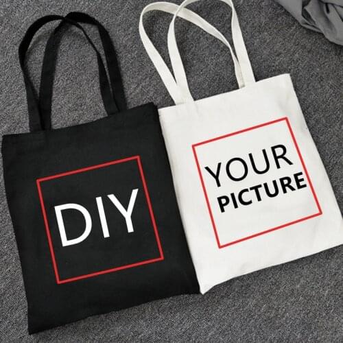 Women DIY Customer Black Group Shopping Bags Canvas Girl Print Your Logo Picture Reusable Female Class Shoulder Book Bag
