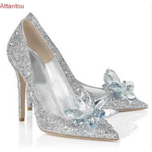 Hot selling rhinestone bride wedding shoes woman glitter crystal pointed toe stiletto heels women pump for party size 34 to 42