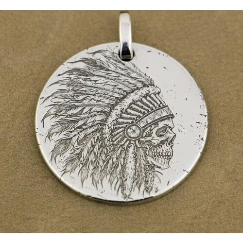 LINSION 999 Pure Silver Indian Chief Skull Mens Biker Punk Pendant 9X301 Just Pendant
