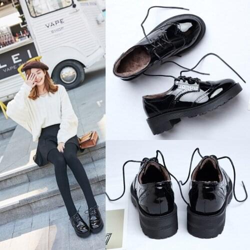 Chunky Patent leather/matt creepers oxford women british retro carved winter brogues plush lace-up college style round toe shoes