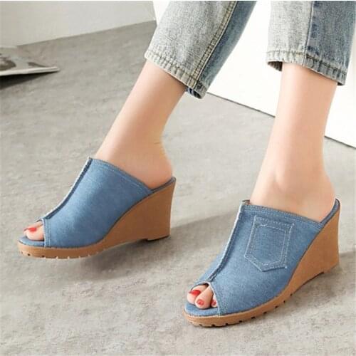 PXELENA Fashion 2020 Summer Blue Denim Slippers Women Wedge High Heels Peep Toe Slides Jean Shoes Lady Plus Size 34-43 Outdoor