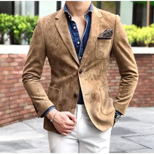 2020 2-Pieces Mens Suede Suit Casual Two Button Notch Lapel Tuxedos Classic/vintage/Denim Jacket Groomsmen(blazer+pants))Coffee