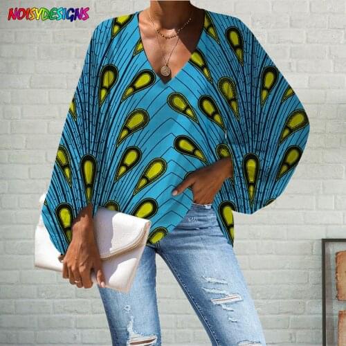 NOISYDESIGNS Women Blouses Long Full Sleeve Casual Chiffon Peacock Feathers Ankara African Prints Large Pluse Sizes Tops Shirts