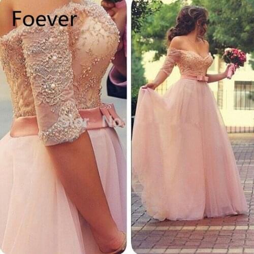 New Arrival A Line Nude Pink Tulle Lace Appliques Top Pearls Arabic Designer Long Off The Shoulder Evening Dresses
