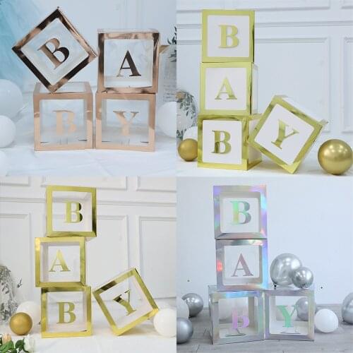 Baby Shower Gold Silver Rose Gold White Transparent Box With Balloons Boy Girl 1st Birthday Decorations Love Wedding Party Gift