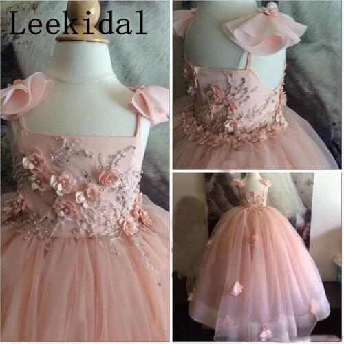 Luxury Flower Girl Dress Applique Pearls Pageant Sleeveless Party Ball Gown Crystal Floor Length Custom Made Kids Formal Wear