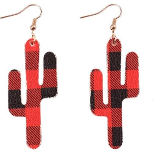 ZWPON 2019 Buffalo Plaid Southwest PU Leather Cactus Earrings for Women Fashion Summer Jewelry Leather Teardrop Earing Wholesale