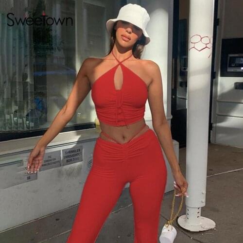 Sweetown Slim Sexy Flare Pants Suits Ruched Crop Top & Joggers Leggings 2 Piece Sets Womens Outfits Cut Out Lace Up Tracksuits