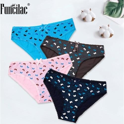 FUNCILAC Cotton Woman Panties Sexy Lace Female Underwear Ladies Lingerie Butterfly Dot Print Girls Briefs Kawaii 4 pcs/set