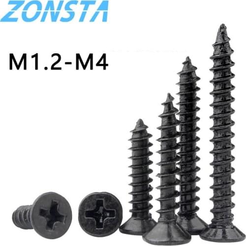 50pcs M1.2 M1.4 M1.7 M2 M2.3 M2.6 M3 M4 Black Cross countersunk head Self-tapping screw Flat Head Carbon steel Wood Screws