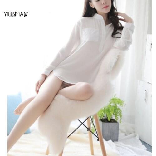 YILINHAN Female Erotic Lingerie See-through Sexy White Shirt Professional Female Uniform Bag Hip Long Shirt Temptation