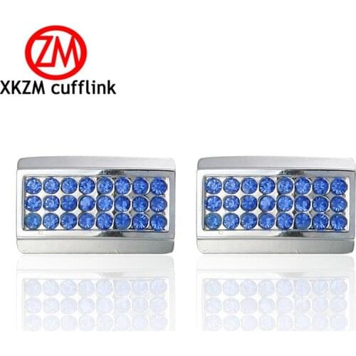 XKZM Jewelry French shirt cufflink for mens Brand Blue Crystal Cuff link Luxury Wedding Button silvery High Quality
