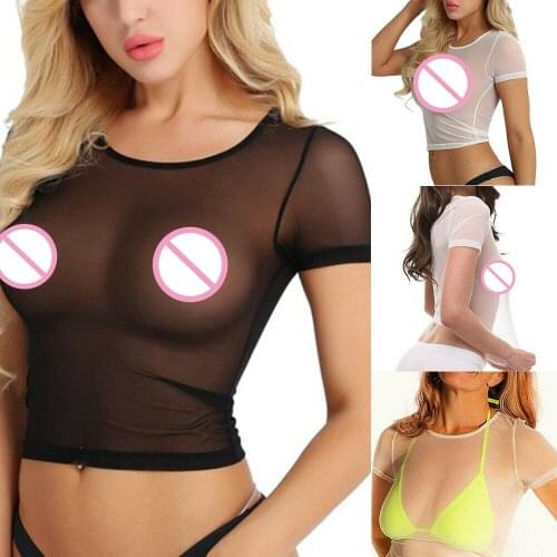 Womens Short Sleeve Sexy Black Sheer Mesh Top T Shirts Streetwear Tees Slim See-through Transparent Crop Tops Club wear