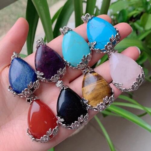 Natural Stone Pendant Flower Wrap Tear Water Drop Turquoises Amethysts Lapis Quartz Pink Crystal Pendant Healing Jewelry Women