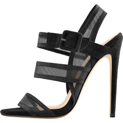 Richealnana Woman Mesh Sandals Black Red Green Mixed Color High Heels Front Buckle Flock Lady Shoes Party Dress Big Size US5-15