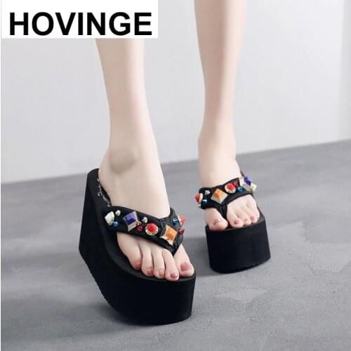 HOVINGE Super high heels color diamond flip flops large size pantoufle femme comfortable wedges wear sandals slippers women Beac