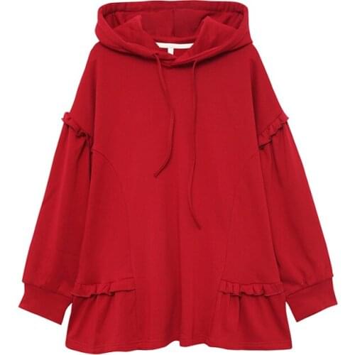 VSUE Red Blue Women Hoodies Ruffle Solid Casual Warm H0118