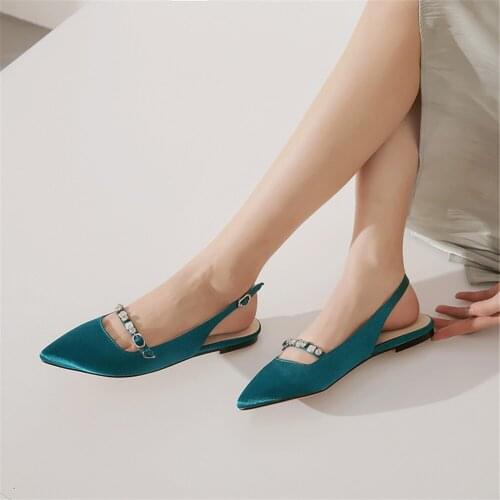 MILI-MIYA Classic Women Flats Silk Pointed Toe Slingbacks Buckle Strap Large Size 34-43 Crystal Casual Shoes For Ladies Handmade