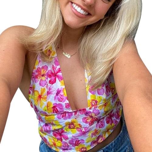 V Neck Backless Floral Halter Camisole Womens Summer Sexy Bandage Vest Fashion Flower Backless Exposed Navel Camisole