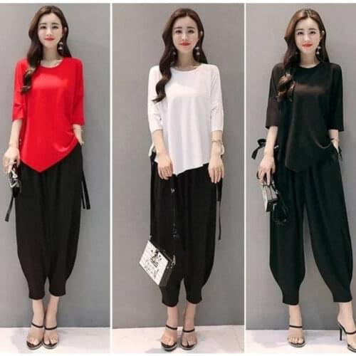 Womens Suit 2021 Summer New Casual Fashion Plus Size Loose Bat Sleeve Tops Wide Leg Lantern Pants Two Piece Set Shirt For Women