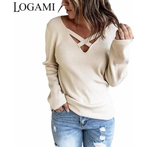 LOGAMI Womens Sexy Cross Straps V Neck Sweater Long Sleeve Pullover Women Fall 2021 Casual Knitwear