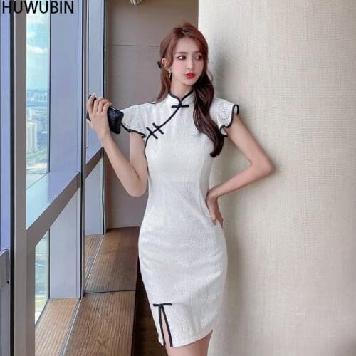 2021 Summer New High-End Temperament Chic Round Neck Fashion Elegant Hand Button Classic Lace Improved Cheongsam Slim Dress